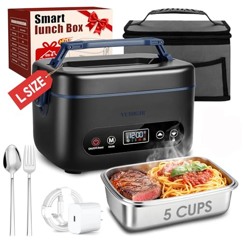 Cordless Electric Lunch Box for Adults, 100W Rechargeable Auto Heated Lunch Box 5-Sided Heating 1.2L Heating Lunchbox Smart Timer Leak-Proof Portable Food Warmer for Office Worksite Car Travel