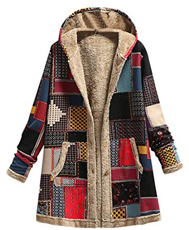 Mymyguoe Chaqueta de forro polar para mujer, larga, vintage, con estampado de patchwork, chaqueta con capucha, abrigo de punto, abrigo con capucha, manga larga, holgado, abrigo bohemio, abrigo de