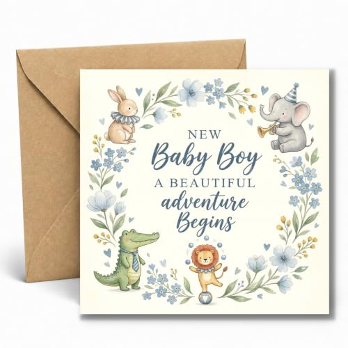 Edition Seidel Premium tarjeta de nacimiento cuadrada con sobre. Tarjeta mensaje en inglés Hello Bienvenido New Baby Boy animal aventura (EQ189 SW026)