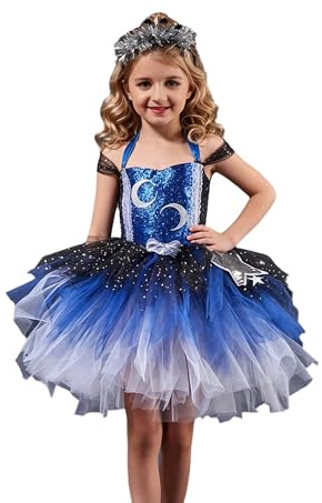 JEATHA Baby flicka scenkostym balettklänning tutu klänning krage rygg klänning kostym prinsessa klänning glitter paljett, Mörkblå, 104-110