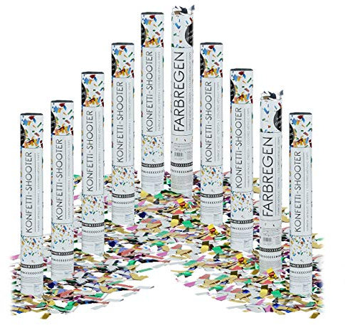 Relaxdays 10 x Party Popper 40 cm im Konfettikanonen Set, Konfetti Bombe für Hochzeit und Geburtstag, Konfetti Shooter 6-8 m Effekthöhe, bunt metallic