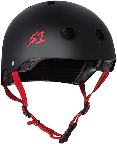 S1 Lifer Helmet for Skateboarding, BMX, and Roller Skating - EPS Fusion Foam, CPSC & ASTM Certified - Black Matte w/Red Straps Large (22)