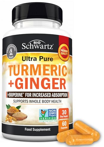 Turmeric and Black Pepper Capsules with Ginger | High Strength 1400 mg Turmeric Curcumin Supplements | With Black Pepper for Ultra Absorption | Non-GMO, Vegan, Gluten-Free | 60 Capsules