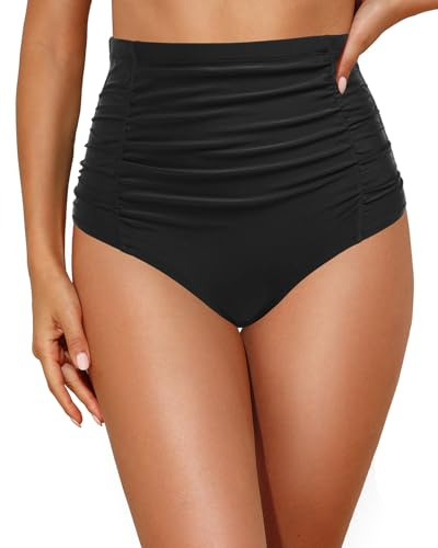 Tempt Me Women's High Waisted Swimsuit Bottom Black Tummy Control Ruched Bikini Bottom Vintage Swim Bottom Tankini Briefs M
