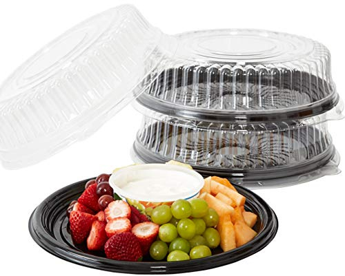 Avant Grub Heavy Duty, Recyclable 12 in. Serving Tray and Lid 3pk. Large, Black Plastic Party Platters with Clear Lids Dishware Plate, Elegant Round Banquet or Catering Trays for Serving Appetizers