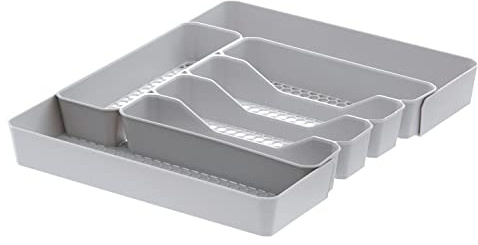 Spectrum HEXA 5-Divider Expandable Silverware Tray (Stone Gray) - In-Drawer Organizer for Kitchen Accessories, Cutlery, Knives, & More / Easy-to-Clean Home & Apartment Essential