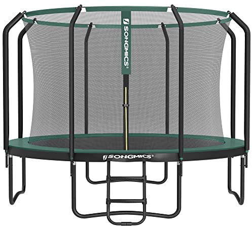 SONGMICS Trampolin 305 cm d, Gartentrampolin für Kinder mit Sicherheitsnetz, 180 cm hohe Stangen, Randabdeckung, Leiter, Stahlrahmen, schwarz-dunkelgrün STR103C01