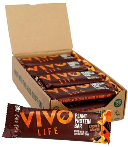 Vivo life Plant Protein Bars - High Protein, Nutrient dense, Slow Release Energy - 12 x 65g Pack (Cacao Orange)