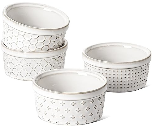 LE TAUCI Ramekins 6 oz, Ramiken for Creme Brulee, Lava Cake,Pudding, Souffle, Small Sauce Bowl,Ceramic Baking Dishes- 4 inch, Set of 4, Arctic White