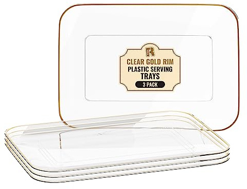 3 Pack Plastic Serving Trays for Party - Gold Serving Tray 8 x 11 Inch - Heavy Duty Dessert Trays for Food - Rectangular Party Serving Trays for Entertaining - Clear Cookie Platters