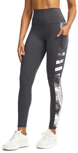 Tuspryt Legging de Sport pour Femme avec Poches - Opaque, Long, Pantalon de Yoga, Fitness et Course - Gris/Imprimé, L