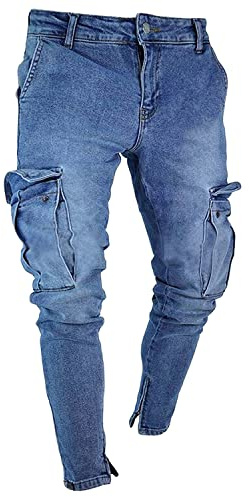 Générique Pantalon Slim Classique zippé Jeans à Poches Ouvertes au Genou pour Hommes Pantalon en Jean décontracté Slim Stretch Breaking Hole (Bleu Clair,3XL)