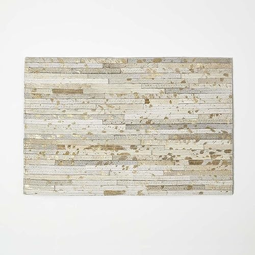 HOMESCAPES Creme-graues Leder-Tischset 4er-Set 46x30 cm Gold-gesprenkelt, Patchwork-Streifen Platzsets aus Leder mit Fell