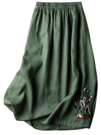 TEidea Damkjolar broderade svarta bomulls- och linnekjolar, löst elastiskt bälte A-linje midi-kjolar, gRÖN, M