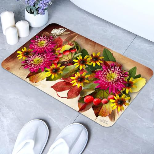 Badematte mit Blumen und Beeren, super saugfähig, ultradünn, flaches Profil, rutschfest, schnell trocknend, waschbar, Teppich für die Vorderseite der Badewanne, Dusche, Waschbecken (40,6 x 61 cm