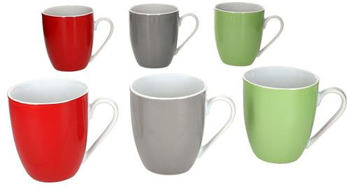 MamboCat 6er Set Variant Trio Kaffeebecher I 350ml, Höhe 10,3cm I farbige Porzellan-Becher mit Henkel für 6 Personen in Grün, Rot & Grau I Bunte Tassen für Heißgetränke wir Tee, Kakao & Co