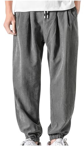 Baumwoll-Leinen-Hose für Herren, lockere Passform, japanische Hose für Loungewear, Herren, leicht, lässig, lange Hose, elastische Taille, Kordelzug, bequeme Tasche, Urlaubskleidung, #0, Grau, XL