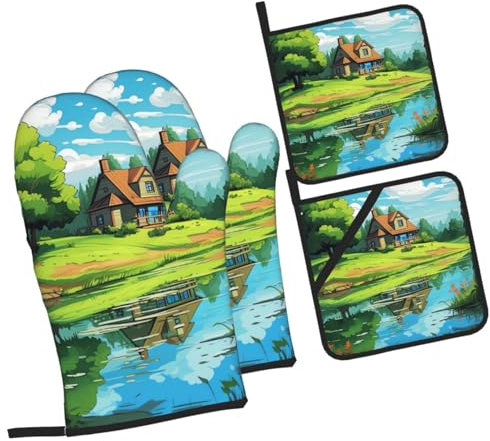 Oven Mitts And Pot Holders Sets of 4 Cartoon Hut Funny Oven Mitt Kitchen Gloves Non-Slip Heat Resistant Pot Pads For Cooking Baking BBQ