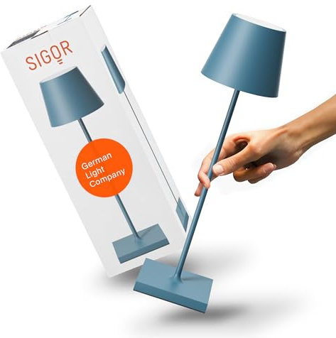 SIGOR Nuindie 2.0 - Dimmbare LED Akku-Tischlampe Indoor & Outdoor, IP54 spritzwassergeschützt, Höhe 38 cm, aufladbar mit USB-C, 12 h Leuchtdauer, delfinblau