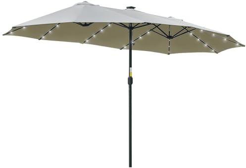 Outsunny Sombrilla Doble con 48 Luces LED, 4,5x2,7 m, Sombrilla Terraza Exterior con Manivela Manual, Resistente al Agua y Protección Solar, Parasol para Jardín, Terraza, Patio y Piscina, Gris Claro