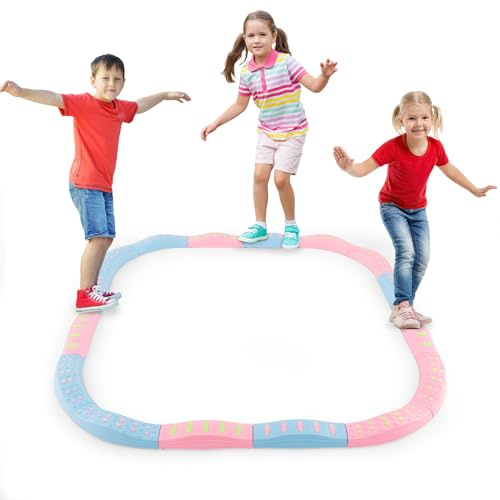 COSTWAY 20 Pièces Poutre d'Équilibre Empilable Enfants avec Patin Antidérapant, Tremplins d'Équilibre avec Connexion Ferme Amovible, Charge 80kg pour 4 Enfants de 3 Ans+ (Rose Macaron)
