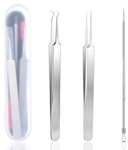 AOZUO 3 Stück Mitesserentferner,Pickelentferner,Porenreiniger Gesicht Komedonenquetscher Pinzette Zum Entfernen Von Mitessern Pickel Popper Werkzeugset Spitzer aus Edelstahl für Nase Akne Entferner