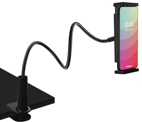 Dunkwckore Supporto Tablet, Collo Oca Supporto Regolabile, Porta Tablet da Letto per Tablet/Ipad/Iphone/Samsung Tab e Altri Dispositivi da 4-10.6 Pollici, Lunghezza Complessiva 31.5 Pollici (Nero)