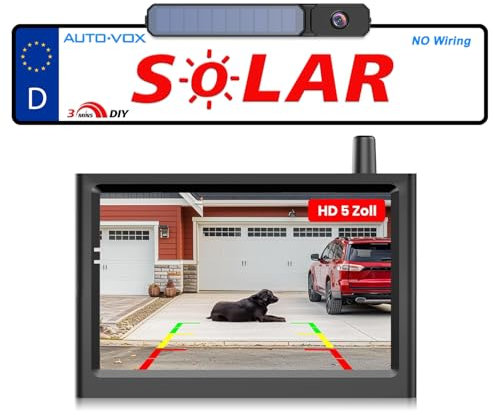 AUTO-VOX Solar Rückfahrkamera Kabellos: 3 Mins DIY Installation HD Rückfahrkamera Funk mit 5 Monitor, Stabilem Digitalem Signal, IP69K Wasserdicht Auto Rückfahrkameras für LKW, Wohnmobil, Pkw, SUV