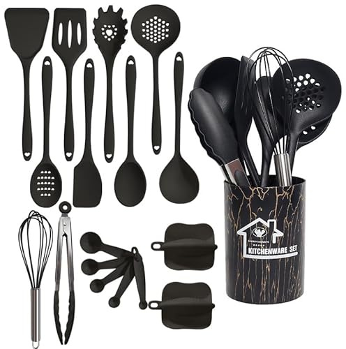 18 Stück Küchenhelfer Set,Silikon Küchenhelfer Set,Kochutensilien Kochbesteck Set mit Non-stick Heat-Resistant Silicone Kitchen Utensils (Schwarz)