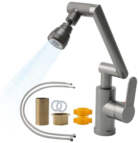 Mitigeur Cuisine Pivotant à 360, Flexible Robinet Cuisine - Gris en Acier Inoxydable 3 Modes de Sortie d'eau - Robinet d'évier rotatif à une main avec 2 tuyaux pour évier de cuisine