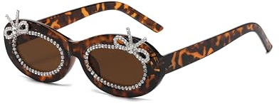 LJCZKA Damsolglasögon med strass och rosett, ovala glitterglasögon för fester, UV-skydd, Leopard brun