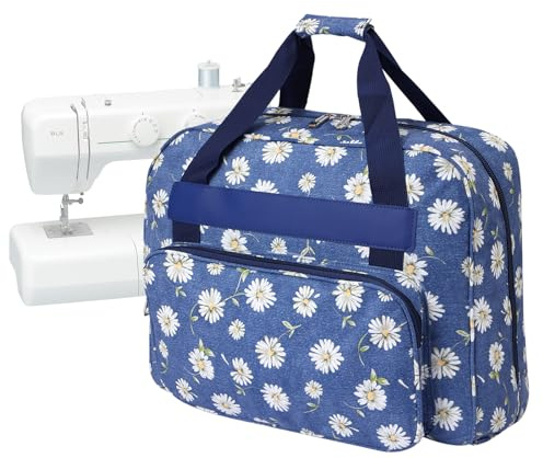 LetCartMaker Funda de transporte para máquina de coser, bolsa de almacenamiento universal con bolsillo y asa, bolsa colgante portátil para pequeñas máquinas de coser, Margarita azul, 43x32x21 cm