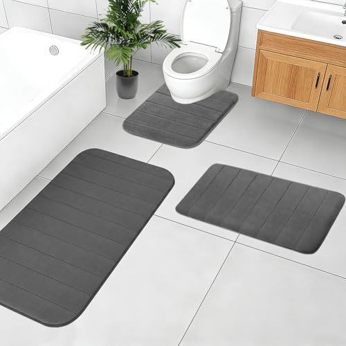 RANJIMA Badezimmerteppich Set 3 Teilig, Mikrofaser Badteppich Set, Weiche Badematte mit U-Form WC Vorleger, Waschbar Schnell Trocknend Badezimmer Teppich für Dusche WC Badewanne (50x80+50x60+40x60cm)