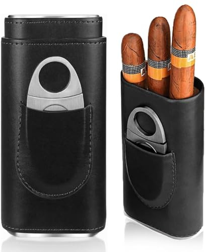 Cigarrfodral för 3 cigarrer, cigarrhumidor, läder cigarrfodral, cigarrfodral med cigarrskärare av rostfritt stål, bärbara humidor cigarrer | för resor korta resor (svart) (svart)