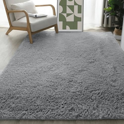 Alfombra Dormitorio 150 x 160 cm Pelo Largo Alfombras Dormitorio Modernas Talla para Salón, Habitación de Los Niños, Gris Claro