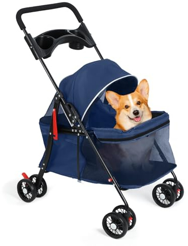 Cochecito para perros y gatos con portavasos, plegable, para perros pequeños, cachorros, perros medianos, cochecitos pequeños para mascotas, malla transpirable y visible, hasta 22 libras, color azul