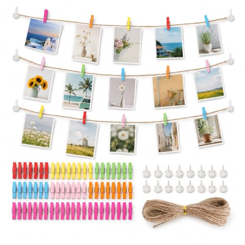 JOVYTH Mini Pinzas de Madera Coloridas 80 Piezas, 3,5 x 0,7 cm con 20 Clavos Pequeños y 15 m Cuerda de Yute para Fotos DIY Back to School