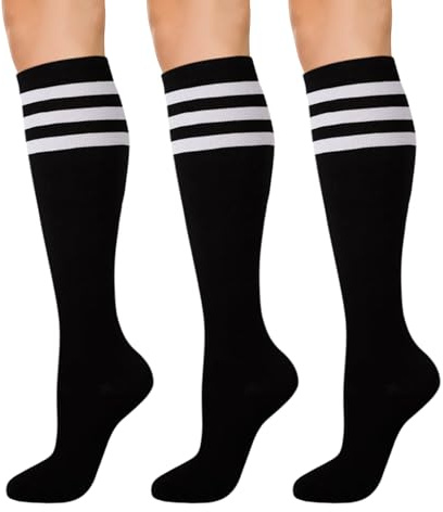 KONY Womens Cotton Knee High Socks - Casual Solid & Triple Stripe Colors Fashion Socks 3 Pairs (Womens Shoe Size 5-10) (Black Stripe - 3 Pairs)