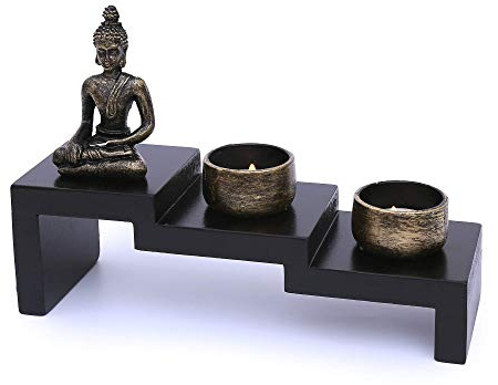 Set Giardino Zen con Buddha e Portacandele - Decorazione Meditazione Feng Shui Miniatura in Legno per Rilassamento Casa e Ufficio