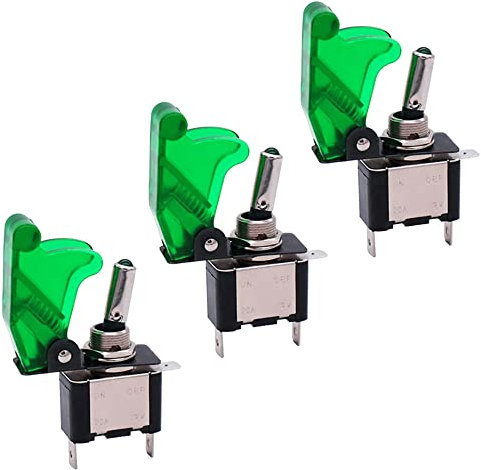QitinDasen 3Pcs Auto Interruttore a Levetta, con Verde LED Indicatore e Verde Impermeabile Copertura, ON-OFF 2 Posizione 3 Pin SPST Interruttore a Bilanciere (20A/12VDC)