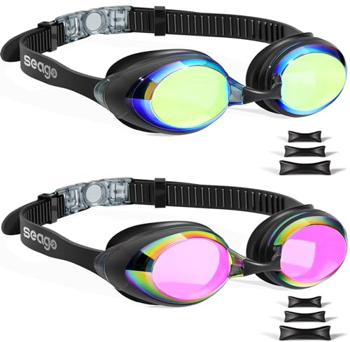 Seago Swimming Goggles 2 Pack Swim Goggles Anti Fog Goggles Adult Swimming UV Protection Fit for Adult Men Women Youth Junior, No Leaking Soft Silicone Seal Mirrored Flat Lens, 3 Sizes of Nose Bridge