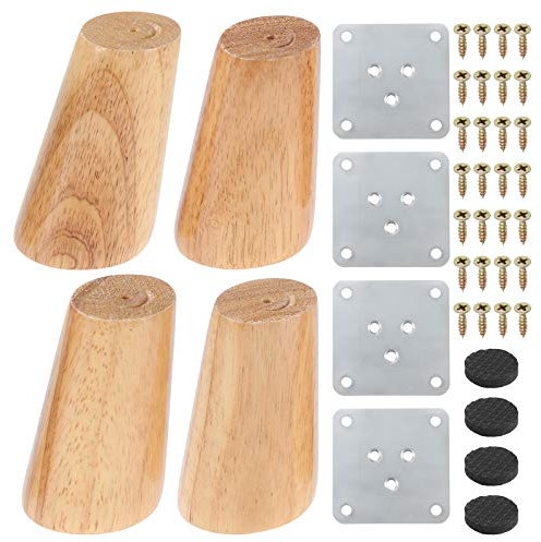Moendergo 4 Wooden Furniture Legs, 8cm Solid Tapered Wood Sofa Legs， Replacement Furniture Feet Cupboard Feet with Mounting Plate, Screws and Anti-Slip Mats for Sofa Table Chair Tea Cabinet