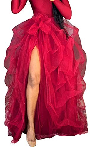 Amen - Falda larga de tul para boda, con cola de milano, falda de tul para mujer, longitud larga, rojo, Talla única