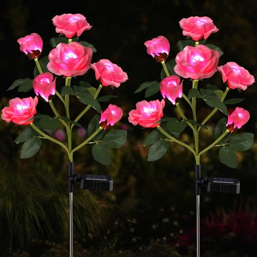 Aolyty 2 Pcs LED Solar Garden Roses Lights White Lighting (Pink) | Decorative IP65 Waterproof Stake Light, 7 Flowers Outdoor Artificial Ornaments for Grave Patio Pathway