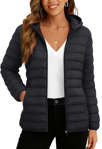TACVASEN Women's Puffer Jacket with Hood Ultra-light Quilted Winter Pockets Water-resistant Long Sleeve Full-zip Padded Coat,Black XL