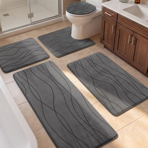 YIHOUSE Memory Foam Grey Bathroom Rug Sets 5 Piece, Ultra Absorbent Bath Mat for Bathroom - Non-Slip Machine Washable & Dry Quickly, 5 Piece Bathroom Mat Set, Dark Grey