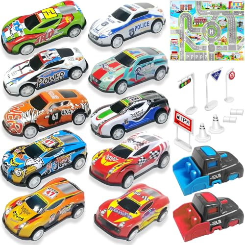 TOYABI Auto Spielzeug Set, 10 Stück Spielzeugautos Metall mit spielteppich & Katapult, Kleine Spielzeugauto, Autos Zurückziehen Fahrzeuge, Geburtstag Geschenk für Kinder ab 3 4 5 6 7 8 Jahre