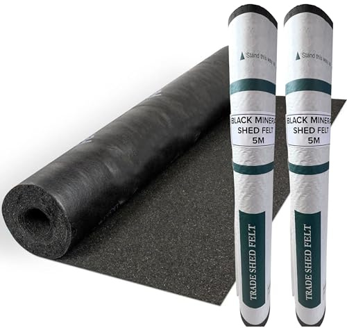 NOVECRAFTO Heavy Duty Roofing Felt for Sheds, Black, 5m x 1m Each, 2 Rolls | Bituminous felt with mineral granules and improved tear resistance; shed roof covering for summerhouses, kennels and hutches