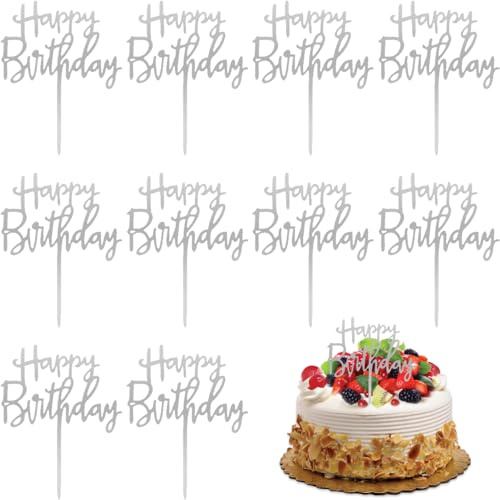BAVALIN 10 Piezas Decoración de Tarta de Feliz Cumpleaños - Decoración para Tartas de Feliz Cumpleaños, Adorno de Cupcakes Acrílico para Decoración de Fiestas de Aniversarios de Baby Shower, Plateado