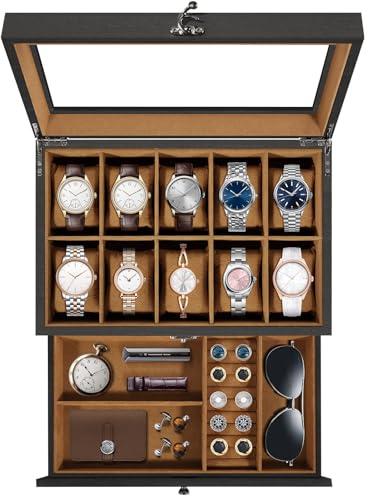 Uten Caja de Relojes con 10 Compartimentos, 2 Niveles Caja para Reloje Madera, Tapa de Vidrio y Almohada Algodón Seda, Forro Marrón, para Exhibición y Almacenamiento de Relojes Joyería